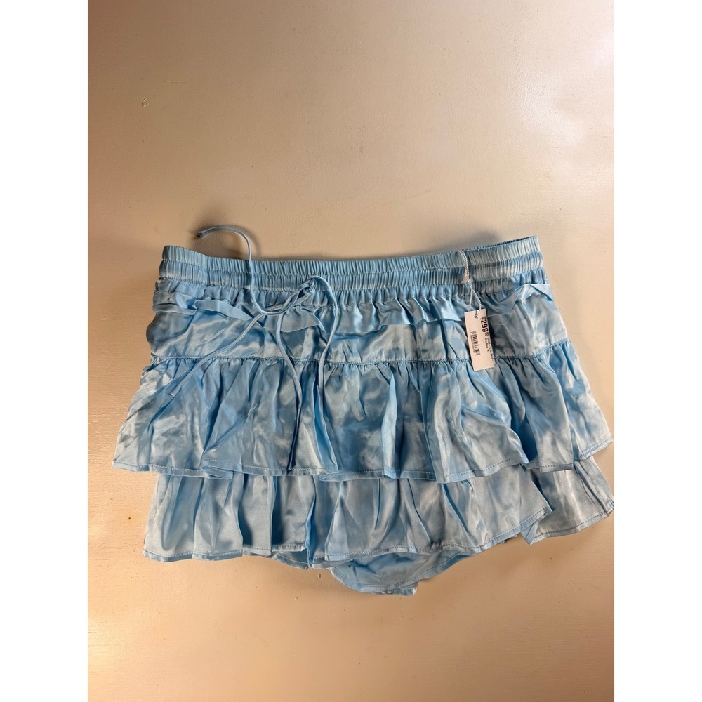 SHUG Ruffle Tiered Skirt Women M Blue Y2K Satin Elastic Waist Mini Skirt